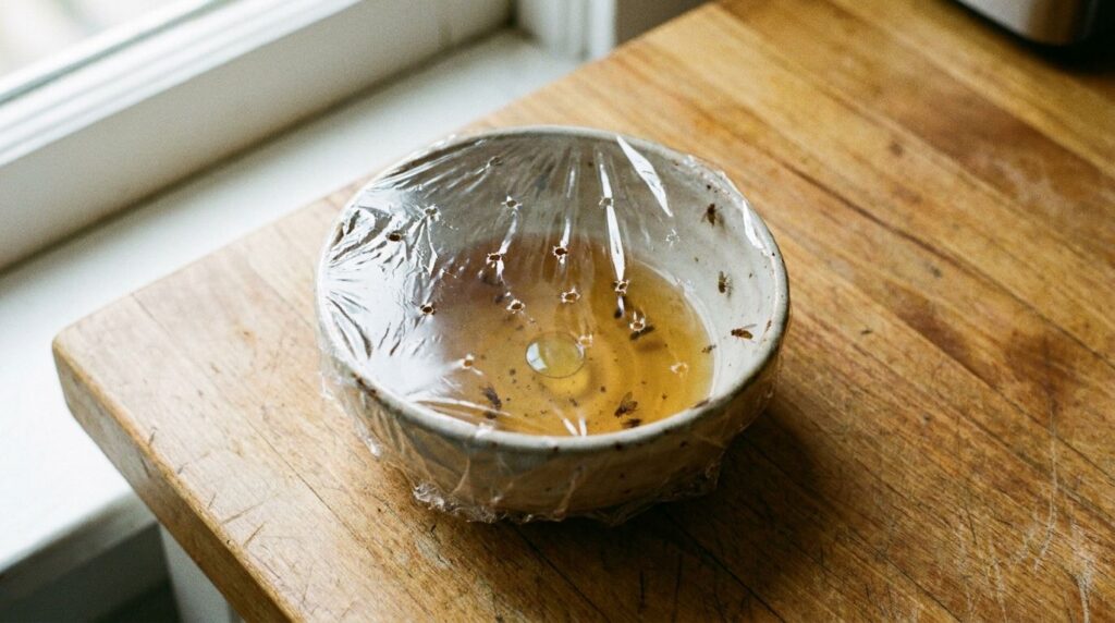 A bowl with apple cider vinegar and a drop of dish soap covered with plastic wrap and small holes attracting fruit flies