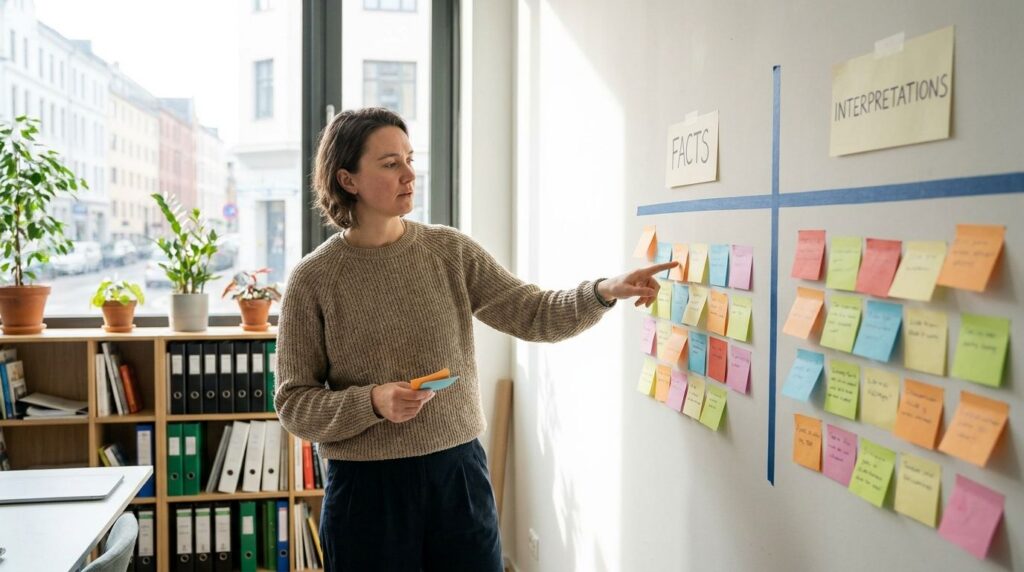 A person looking thoughtful separating sticky notes into facts and interpretations categories on a wall