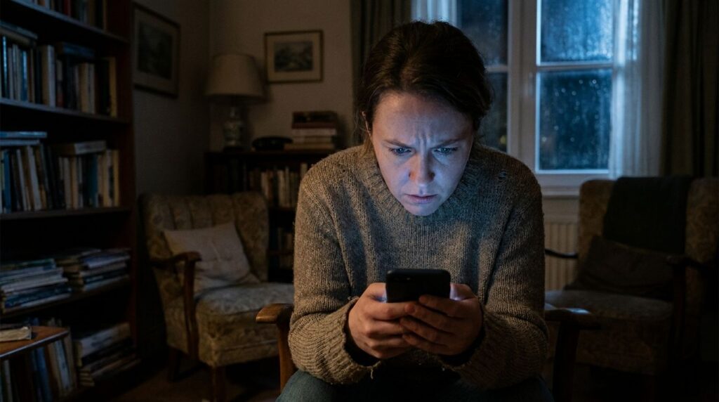 A person staring intently at their phone screen looking anxious in a softly lit room