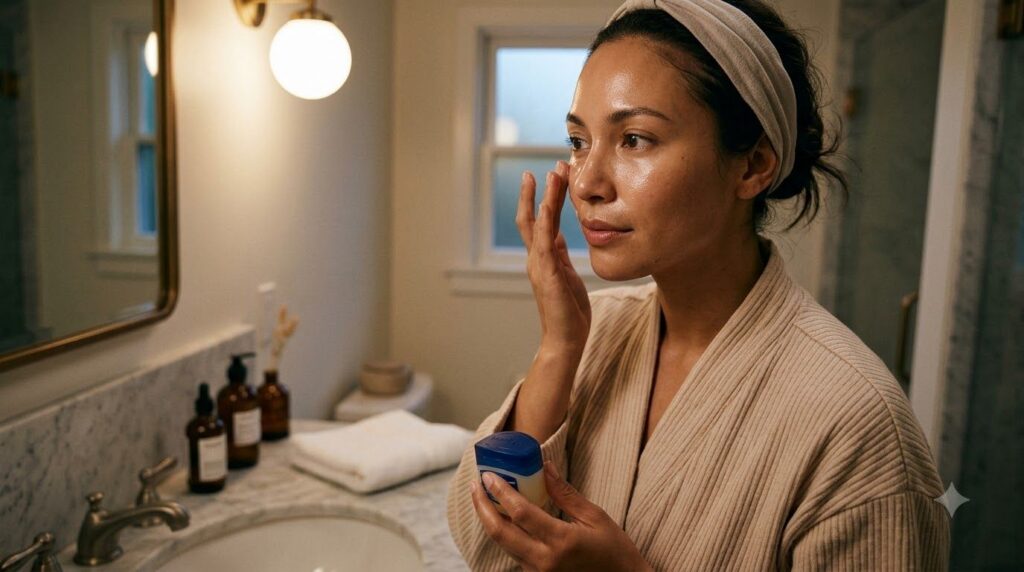 A woman gently patting a thin layer of Vaseline onto her face as the last step of her evening skincare routine showing r