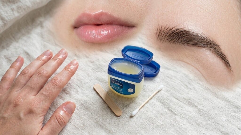 A visual collage or flat lay showcasing various beauty uses of Vaseline on lips cuticles eyebrows and as a natural highl
