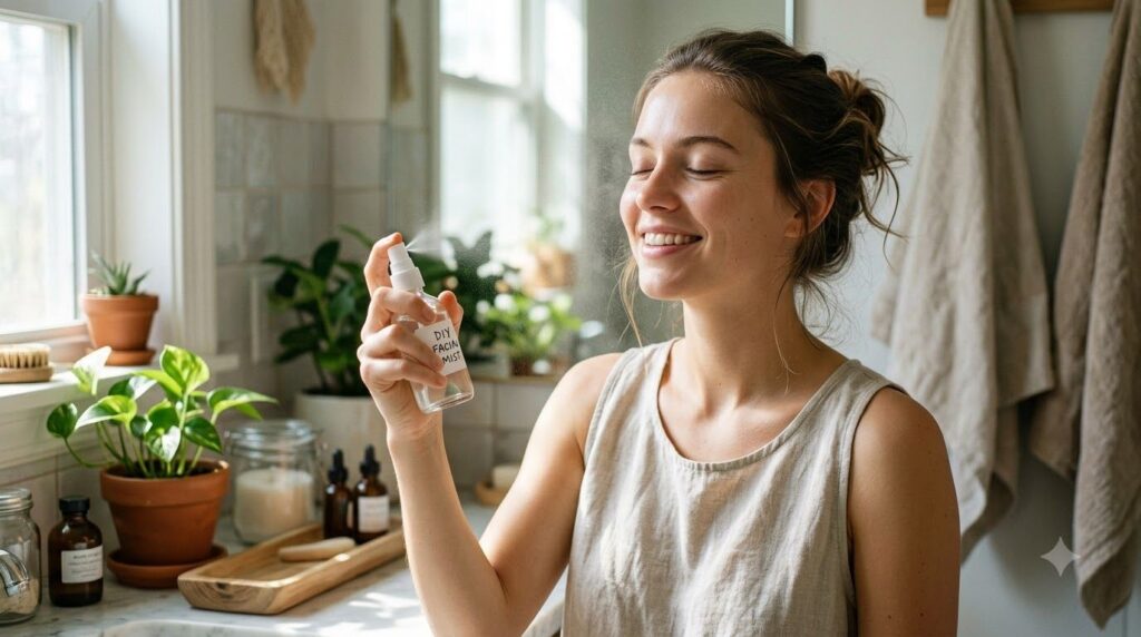 A woman gently misting her face with a DIY facial spray eyes closed looking refreshed