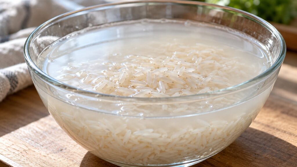 A close-up of white rice soaking in a bowl of water with the water looking slightly cloudy