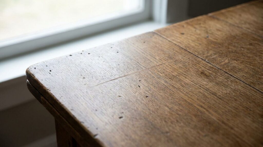 A close-up of a wooden surface with a successfully repaired scratch or nick showing the coffee-glue mixture blended seam
