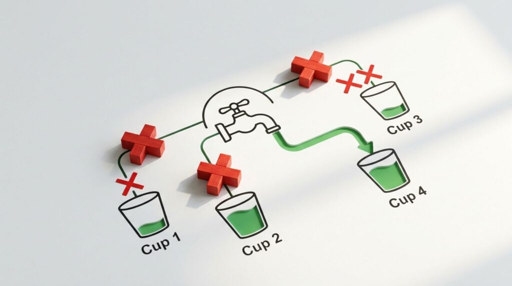 A visual explanation highlighting the correct path for water to flow to cup 4 in the pipe logic puzzle with other blocke