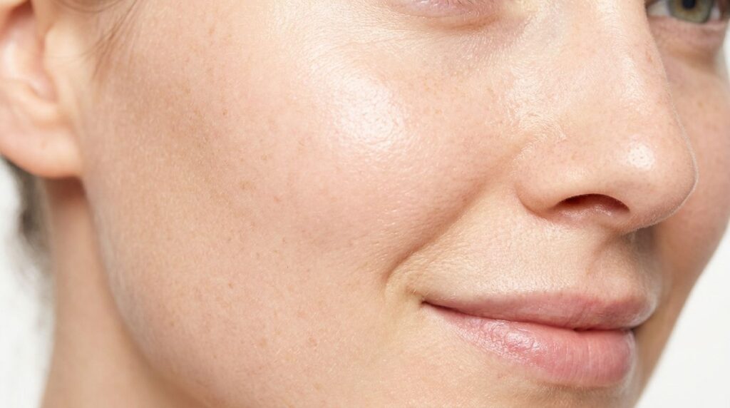 A close-up of a woman s radiant and smooth skin after using a beauty mask showcasing a healthy glow and even tone