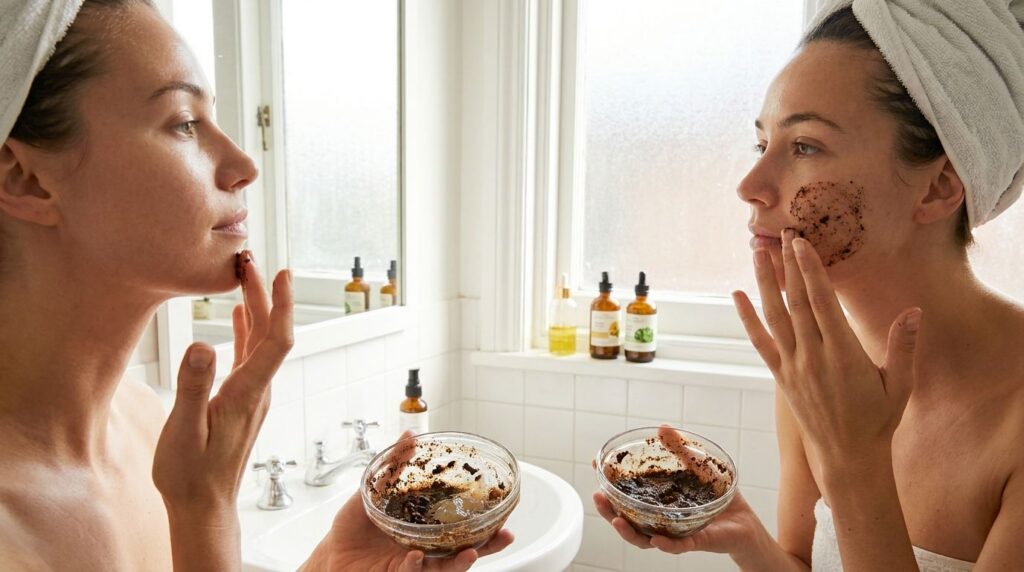 A woman gently applying the homemade Vaseline cloves okra and coffee mask to her clean face with a serene expression and