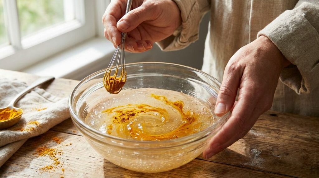 A close-up shot of hands stirring turmeric powder into a clear homemade flaxseed gel in a glass bowl with a small whisk