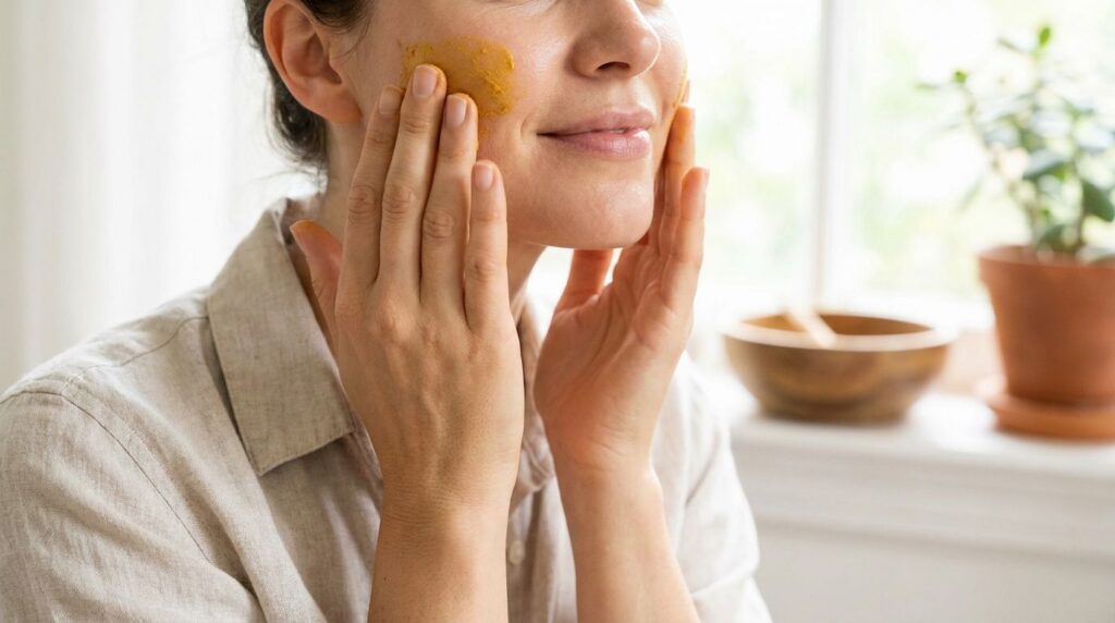 A woman gently applying a homemade yellow turmeric gel to her cheek with her fingertips showing a close-up of her clean