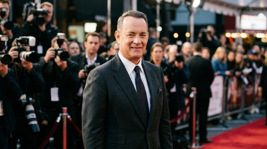 Tom Hanks smiling on a red carpet looking friendly and approachable
