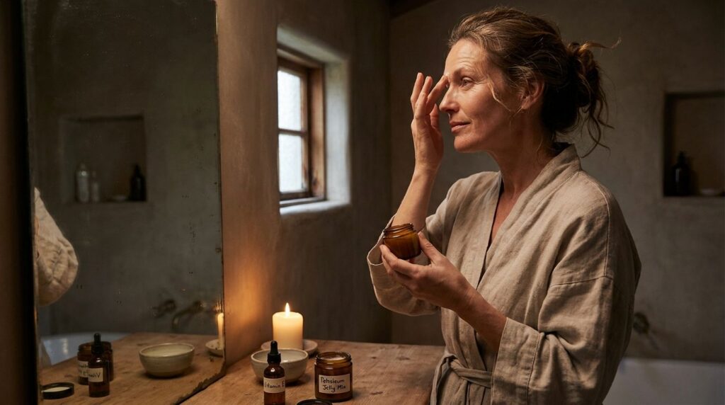 A woman applying a petroleum jelly and vitamin E mixture to her face before bed