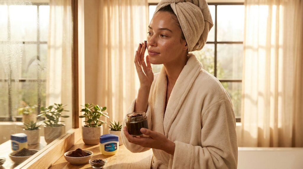 A woman applying the coffee-vaseline mixture to her face with a gentle glowing expression