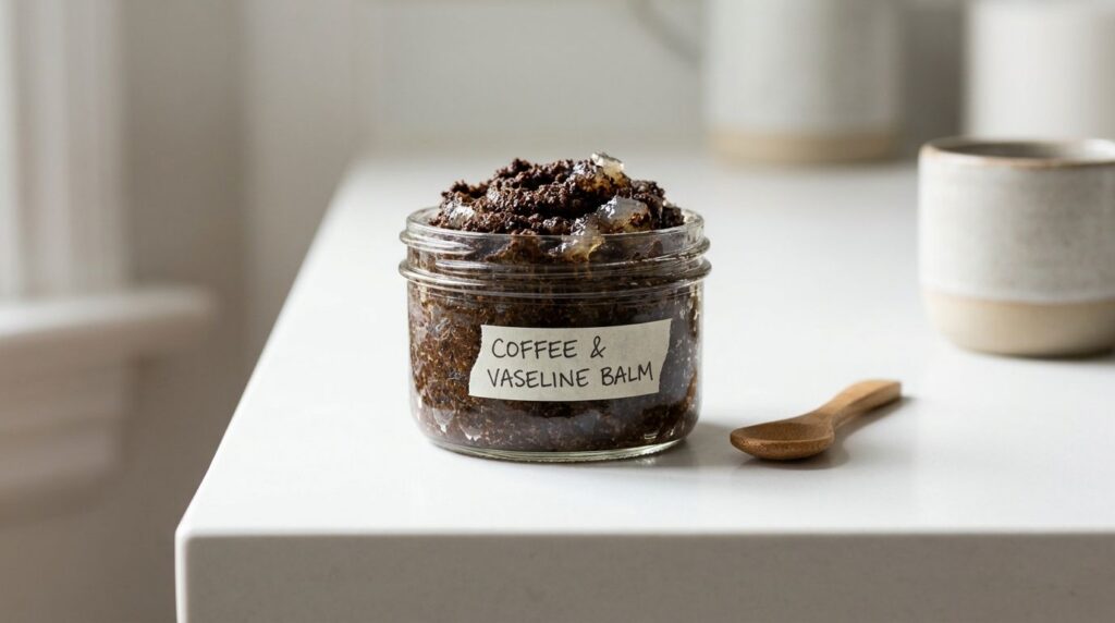A small clear glass jar filled with the mixed coffee and Vaseline scrub ready for use on a clean background