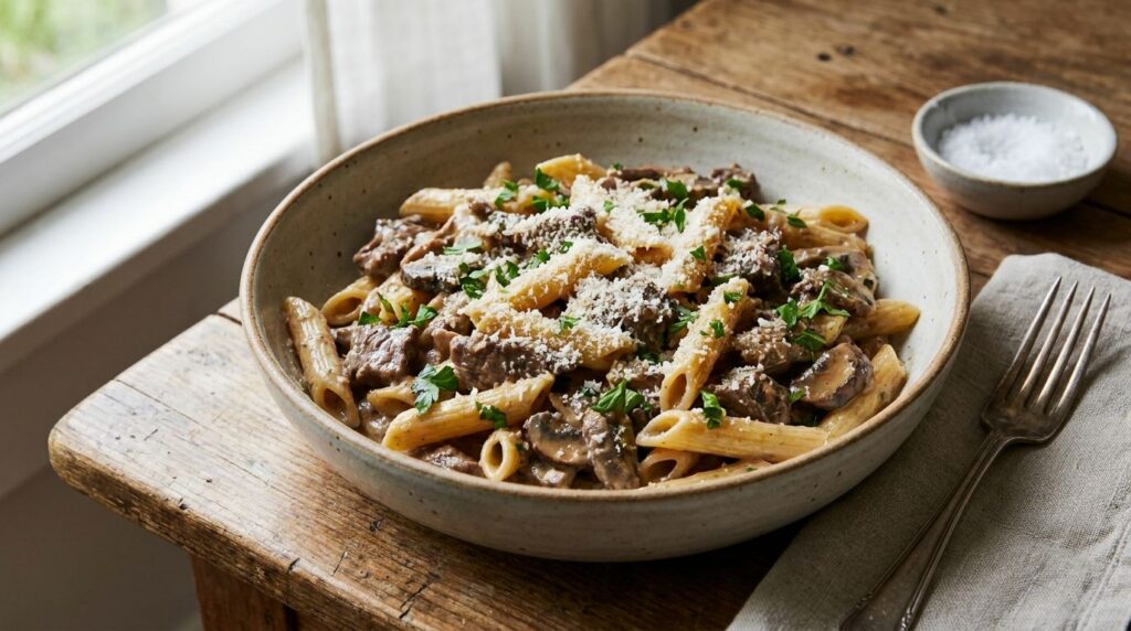 A serving bowl filled with creamy beef and mushroom penne pasta garnished with fresh parsley and grated Parmesan cheese
