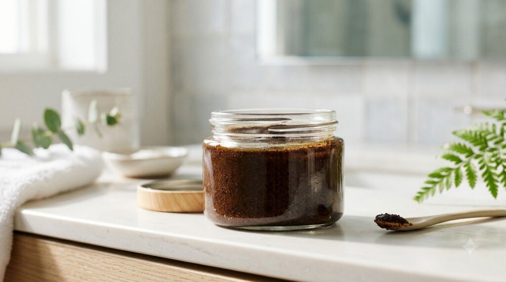 A small glass jar containing the finished coffee and baby oil cream with a smooth dark brown paste texture