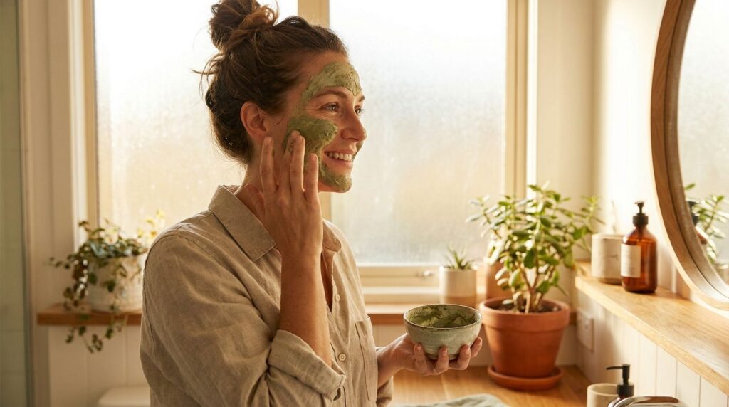 A woman gently applying a homemade face mask to her cheek in a brightly lit bathroom with a soft warm glow