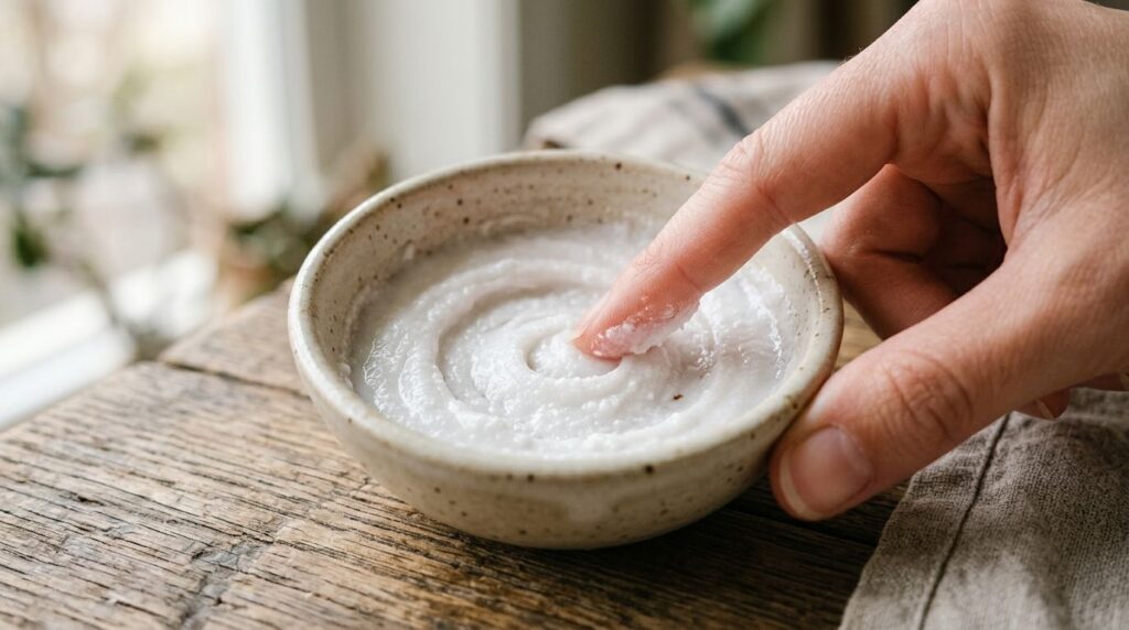 A close-up of a small clean bowl containing a mixed paste of Vaseline and baking soda with a fingertip gently stirring i