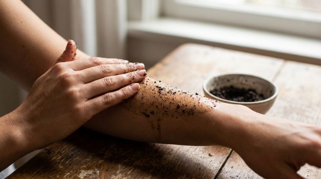 A woman gently scrubbing her arm with the coffee scrub showing the texture of the scrub on her skin