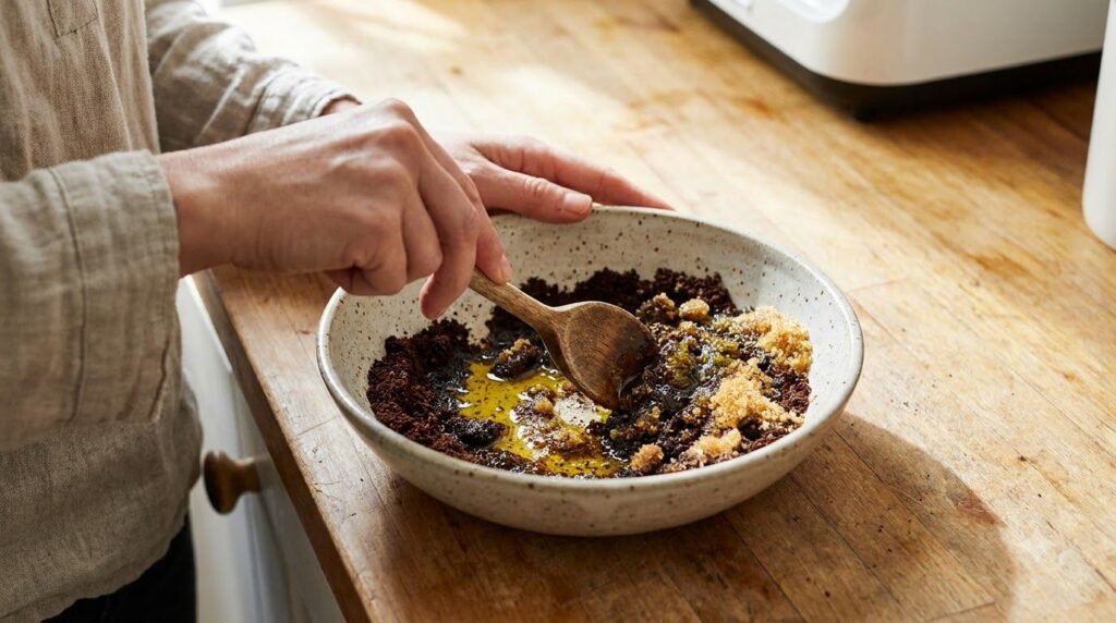 A person s hands mixing the coffee scrub ingredients in a bowl