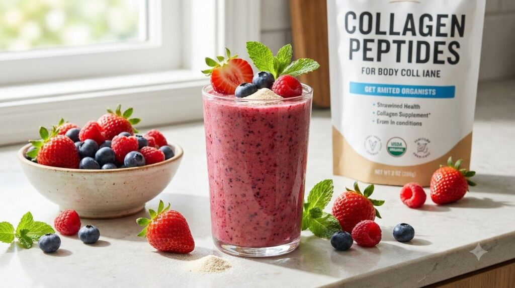 Collagen powder mixed into a morning smoothie with fresh fruit in the background