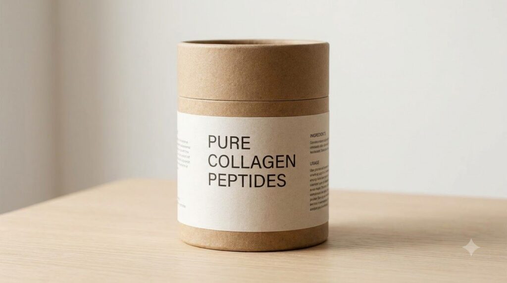 A close-up of a collagen powder container with a scoop emphasizing product information