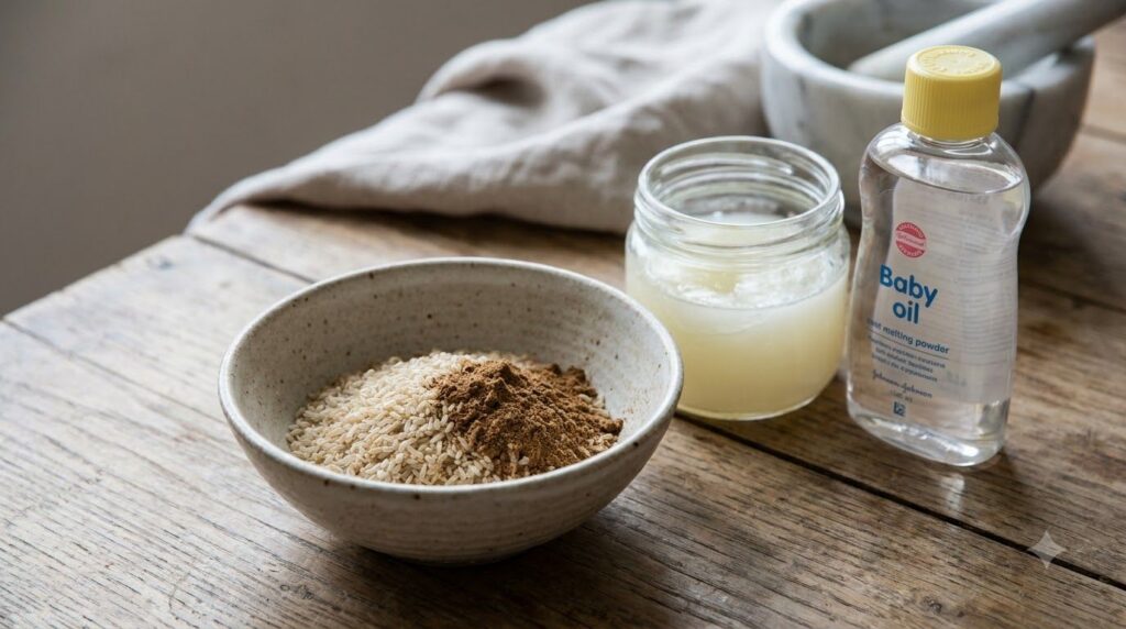 A close-up shot of the finely ground rice and clove powder in a small bowl next to a jar of melted Vaseline and a bottle