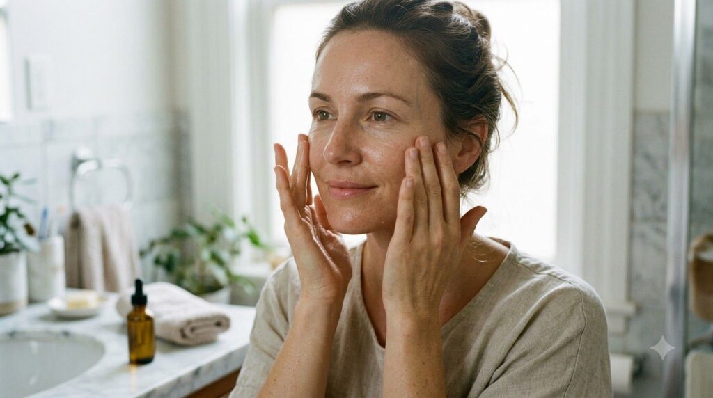 A woman gently massaging the homemade ageless skin blend onto her face focusing on her cheeks and forehead with a soft c
