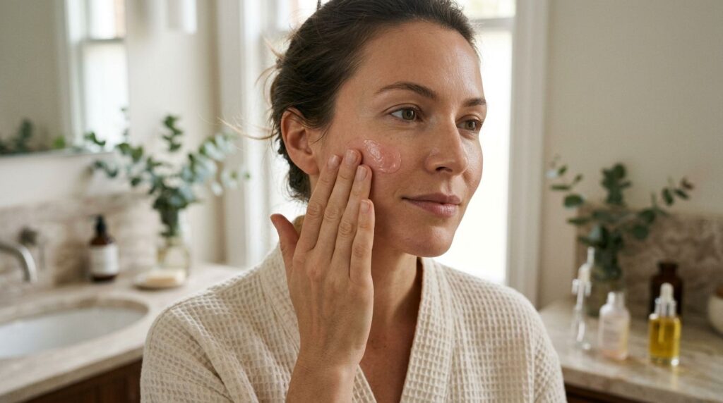 A woman gently applying a small amount of the pink gel and baby oil blend to her face massaging it in with her fingertip