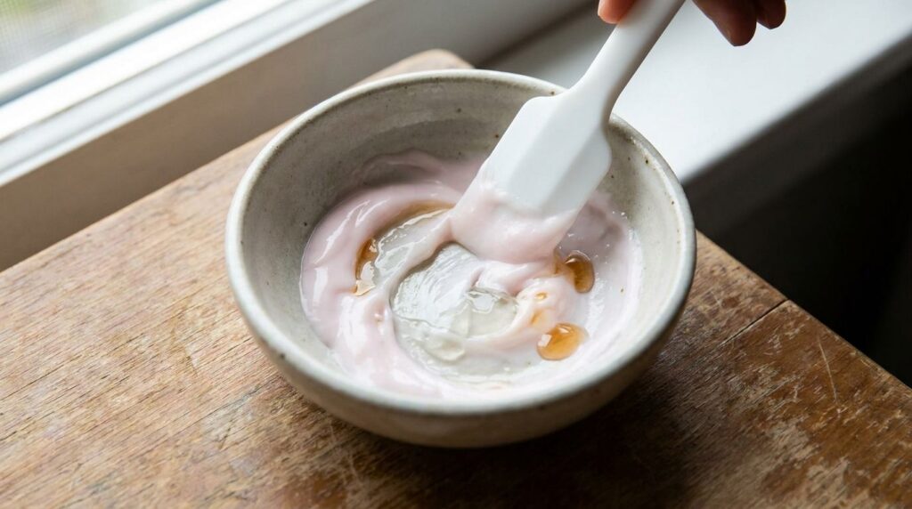 A close-up shot of a small bowl where pink cream clear gel and baby oil are being mixed together with a spatula to form 