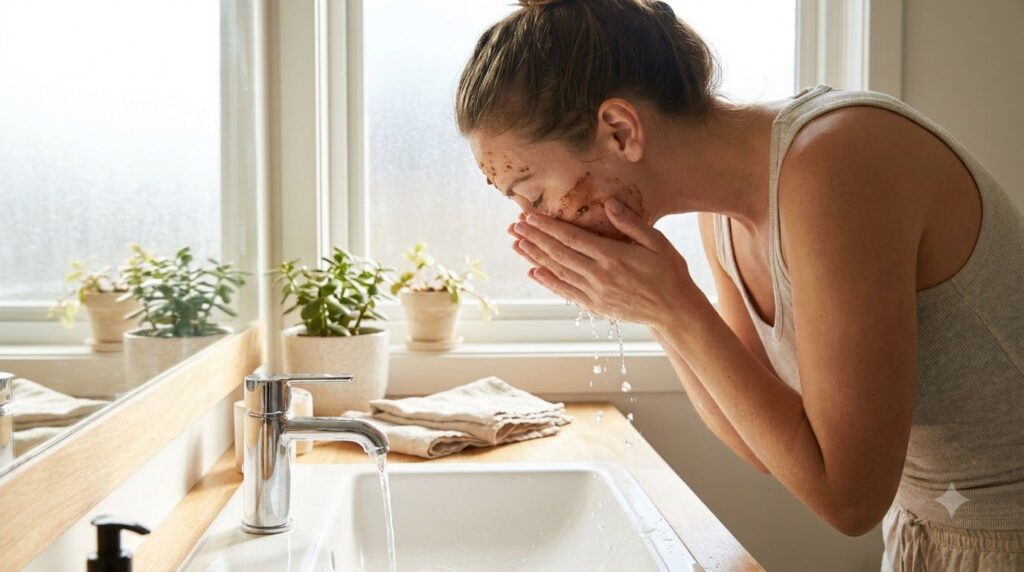 A woman gently rinsing a homemade face mask off her face with lukewarm water showing soft glowing skin