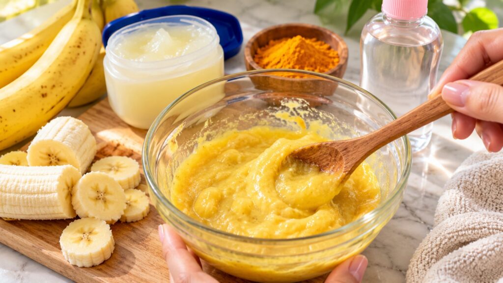 Close-up of a mashed banana Vaseline turmeric and baby oil being mixed together in a glass bowl with a spoon to form a s