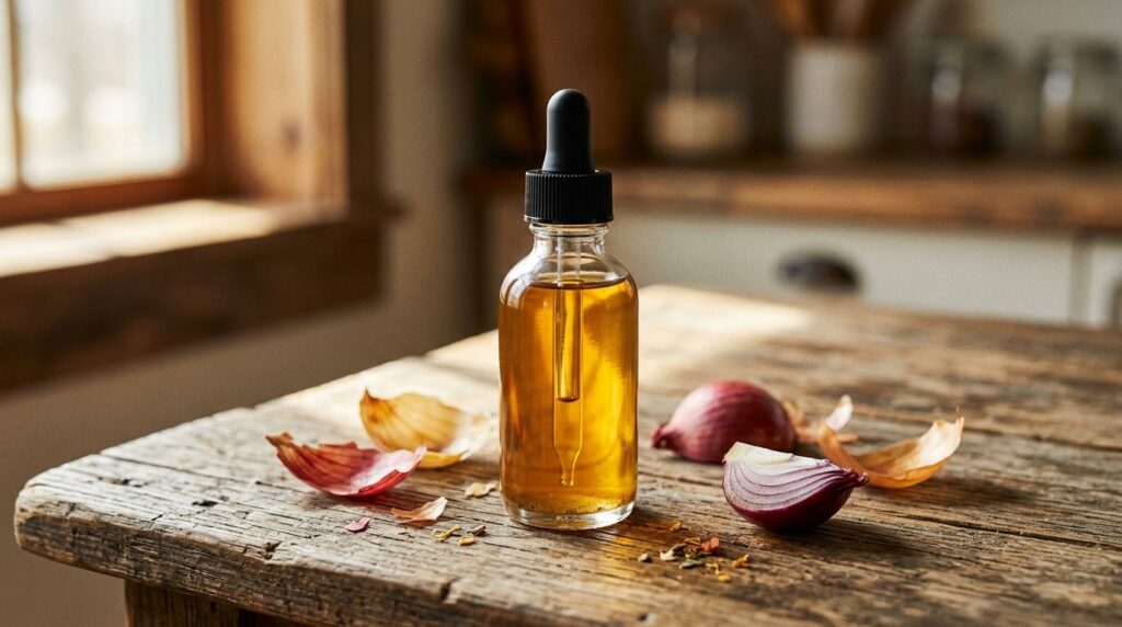 A bottle of finished homemade onion oil