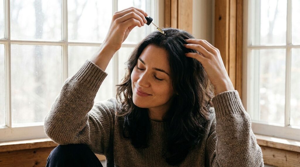 A woman gently massaging onion oil into her scalp