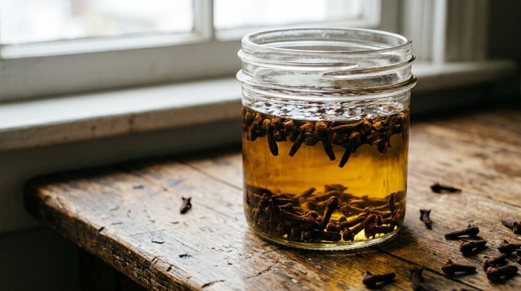 Close-up of dried cloves infusing in a glass jar filled with golden carrier oil on a wooden countertop