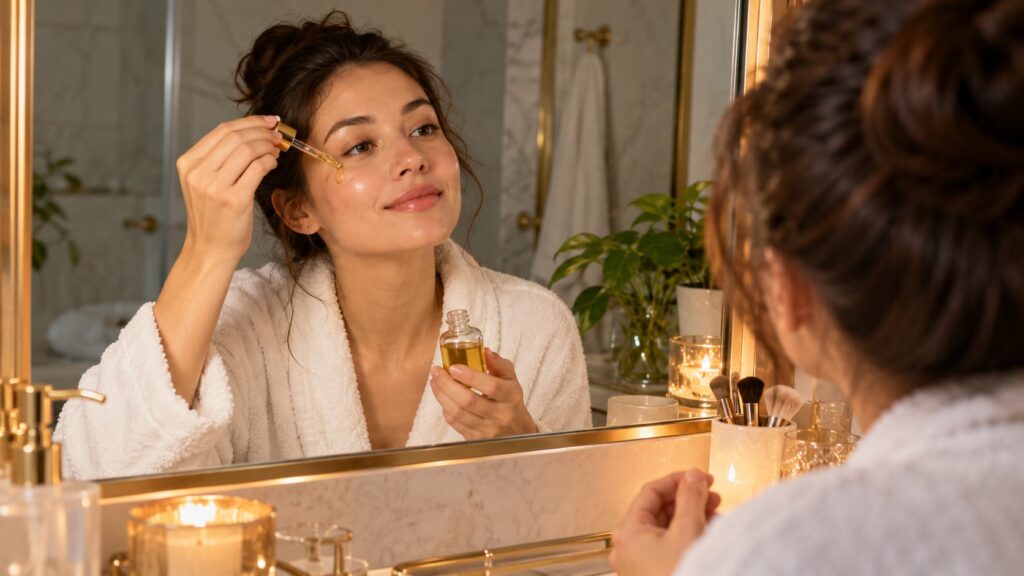 A woman gently dabbing a few drops of homemade facial oil onto her clean face before bed in a soft-lit bathroom