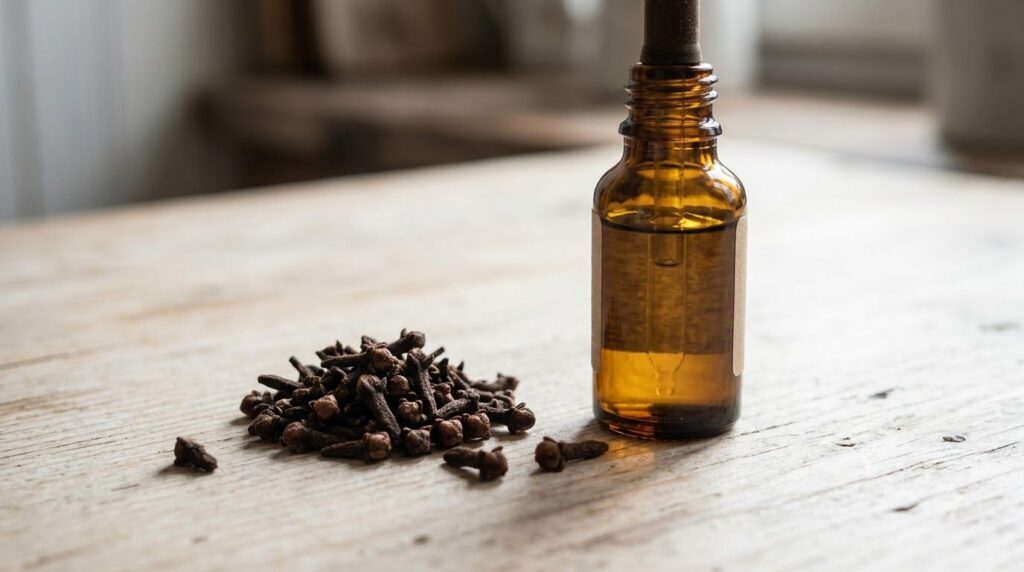 Dried whole cloves next to a bottle of sweet almond oil on a light surface