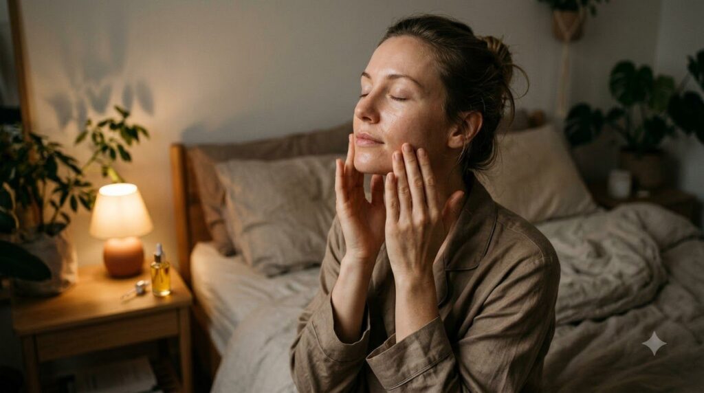 A woman gently massaging a few drops of facial oil onto her clean face before bed