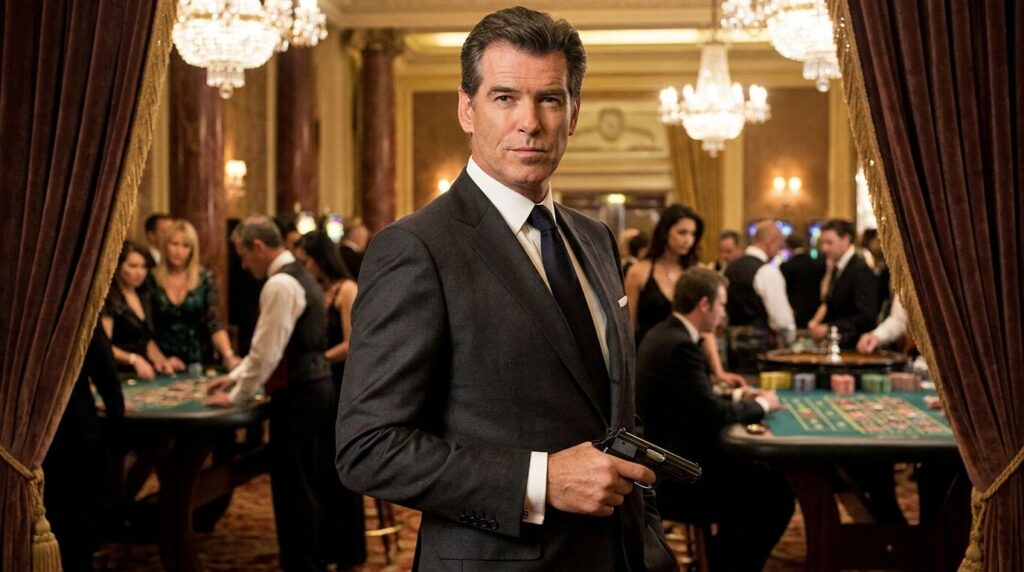 Pierce Brosnan as James Bond looking suave and confident in a tailored suit perhaps holding a classic gadget or a martin
