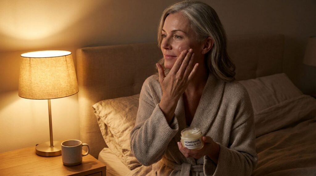 A woman gently massaging a thin layer of Vaseline and Vitamin E mixture onto her face before bedtime with a soft warm gl