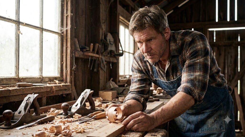 A younger Harrison Ford perhaps in his 30s working as a carpenter with tools looking focused and determined The setting