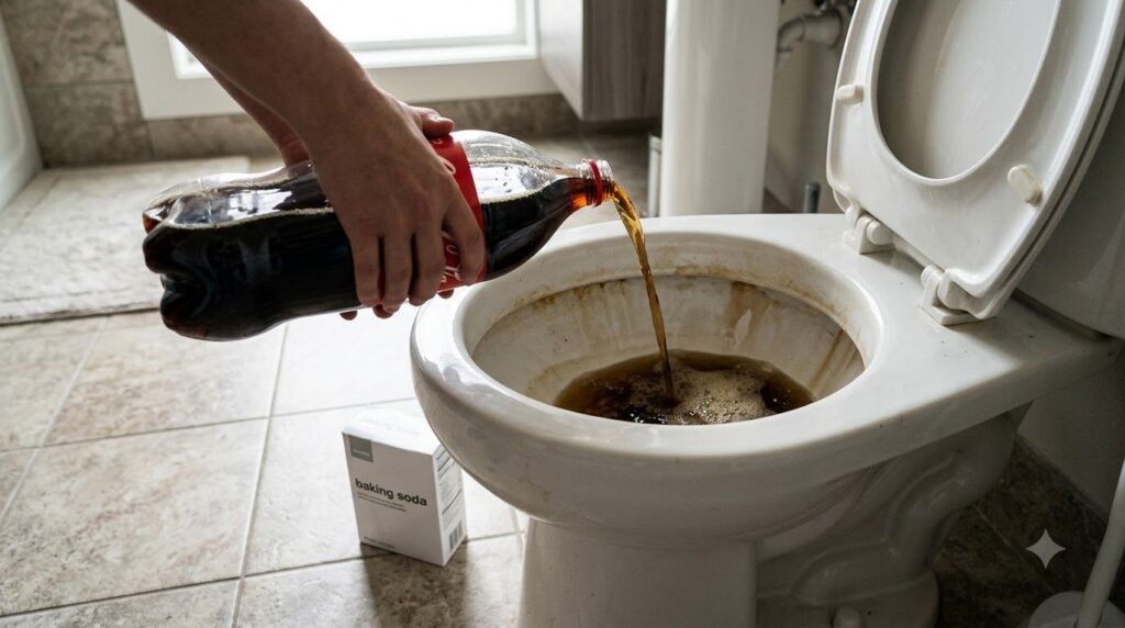 Two hands pouring Coca-Cola into a dirty toilet bowl with a box of baking soda next to it
