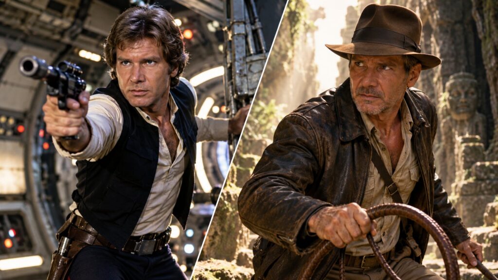 A split image showing Harrison Ford as Han Solo on one side and Harrison Ford as Indiana Jones on the other Both charact