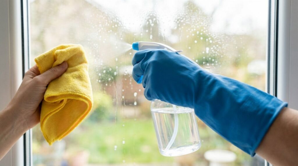A person s hand cleaning a window with a spray bottle and a microfiber cloth showcasing a perfectly clear and streak-fre