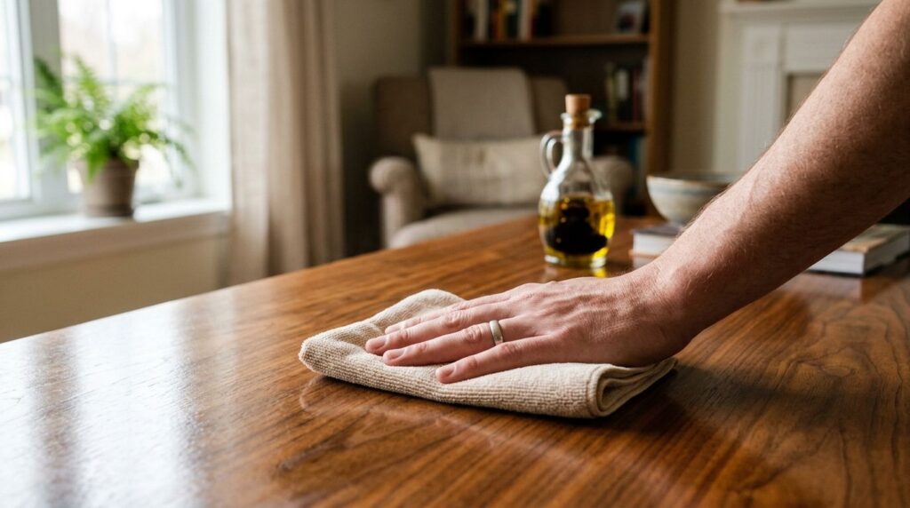 A hand using a soft cloth to apply a homemade cleaning solution olive oil and vinegar to a wooden table creating a shiny