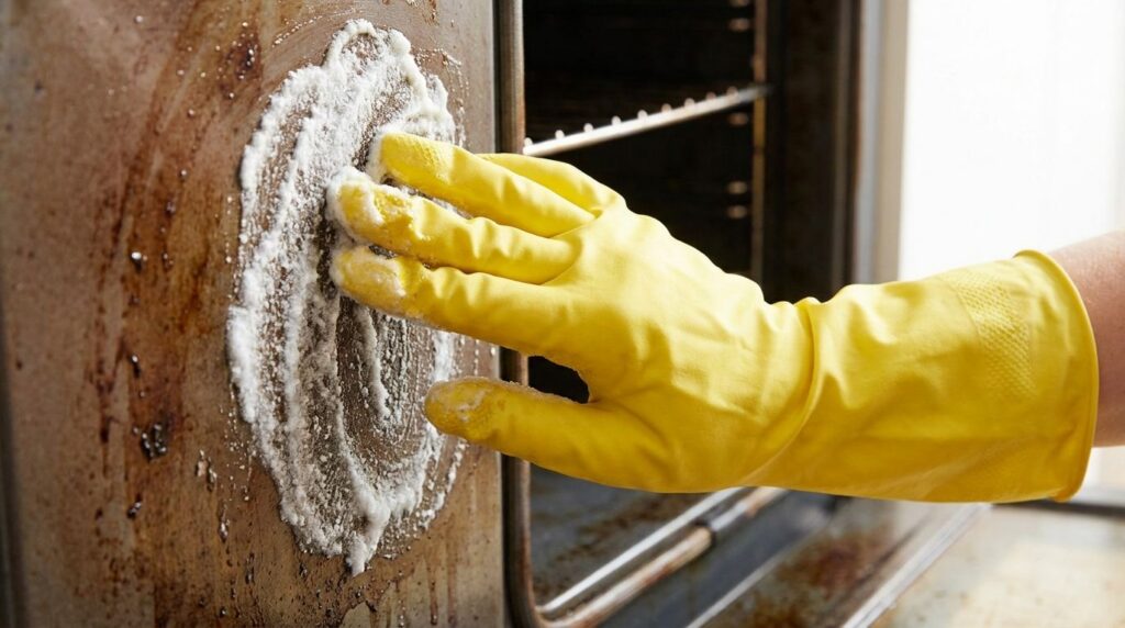 A hand wearing a rubber glove applying a thick paste of baking soda and soap onto the greasy interior of an oven