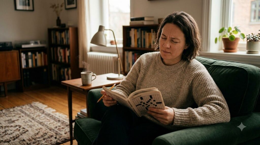 A person thoughtfully looking at a crossword puzzle book contemplating a word