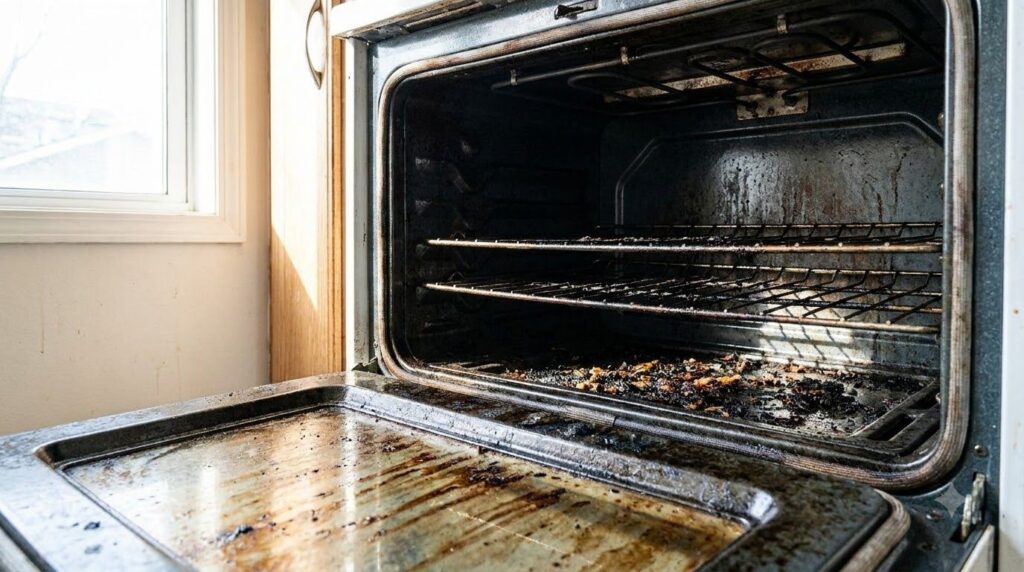 A very dirty oven interior showing grease and burnt food residues