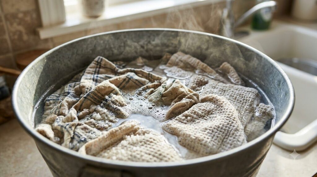 A close-up of dirty kitchen cloths soaking in a bucket filled with a mixture of water salt and vinegar with steam rising