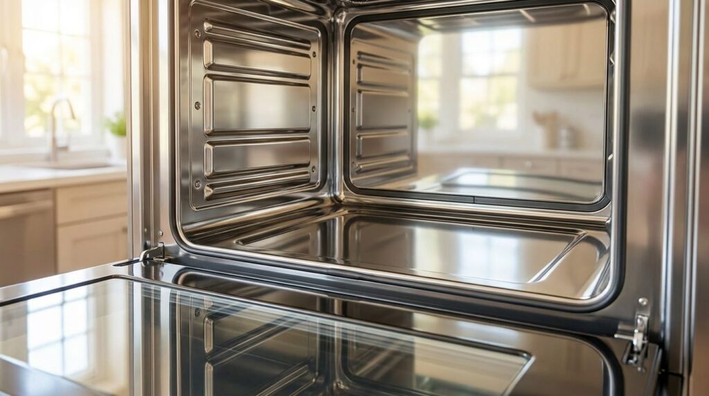 A sparkling clean oven interior shining with reflected light showing no signs of grease or burnt residue