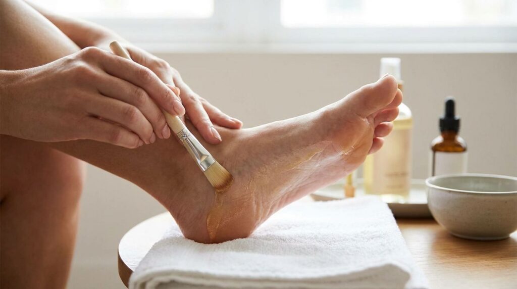 A woman gently applying the golden liquid foot peel to her foot with a soft brush showing the golden color and texture o
